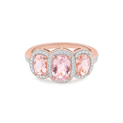 Morganite & Diamond Three-Stone Halo Ring in 10K Rose Gold (1/10 ct. tw.)