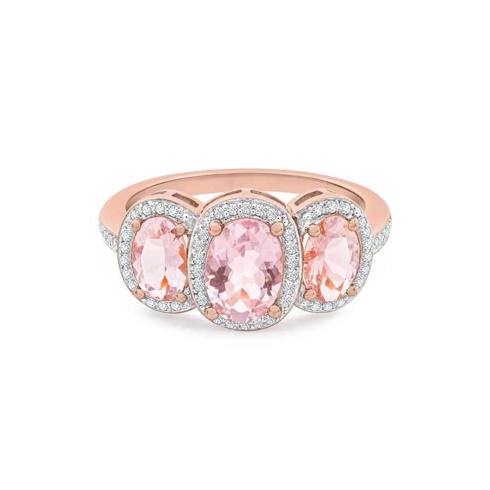 Morganite &amp; Diamond Three-Stone Halo Ring in 10K Rose Gold (1/10 ct. tw.) – Image 1 of 4