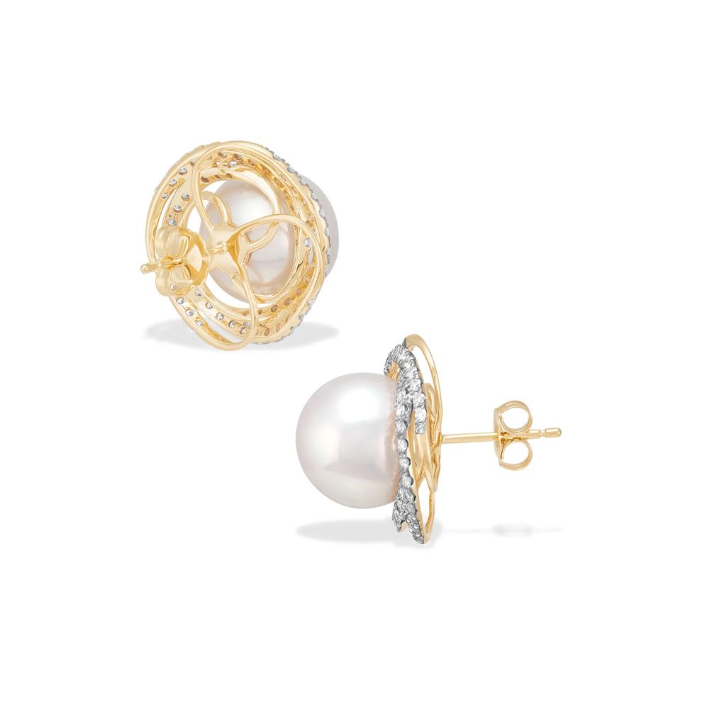 Freshwater Cultured Pearl &amp; Diamond Twisted Halo Stud Earrings in 14K Yellow Gold (3/4 ct. tw.) – Image 2 of 2