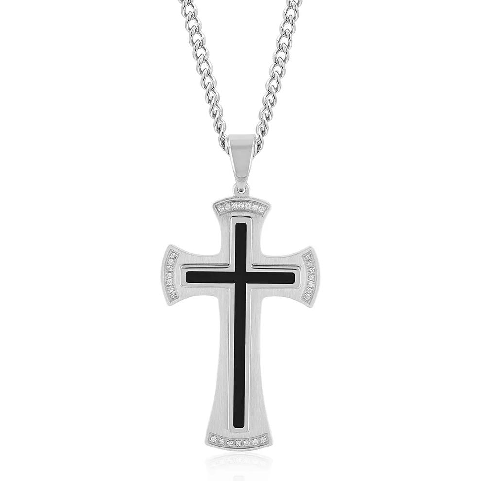 Men&rsquo;s Diamond Cross Pendant with Black Resin in Stainless Steel (1/8 ct. tw.) – Image 1 of 3