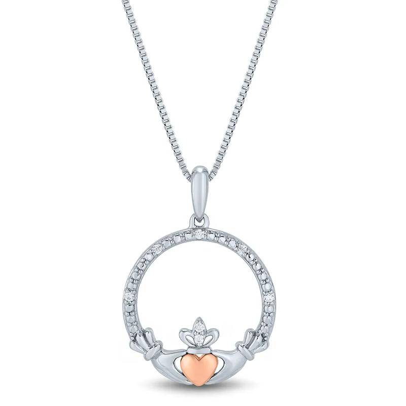 Claddagh Pendant with Diamond Accents in Sterling Silver &amp; 14K Rose Gold – Image 1 of 3