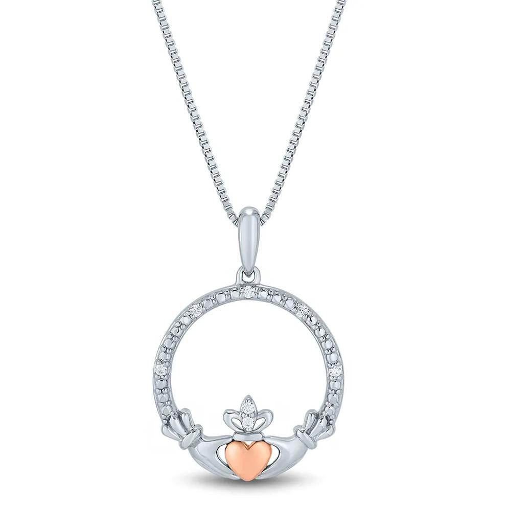 Claddagh Pendant with Diamond Accents in Sterling Silver &amp; 14K Rose Gold – Image 1 of 3