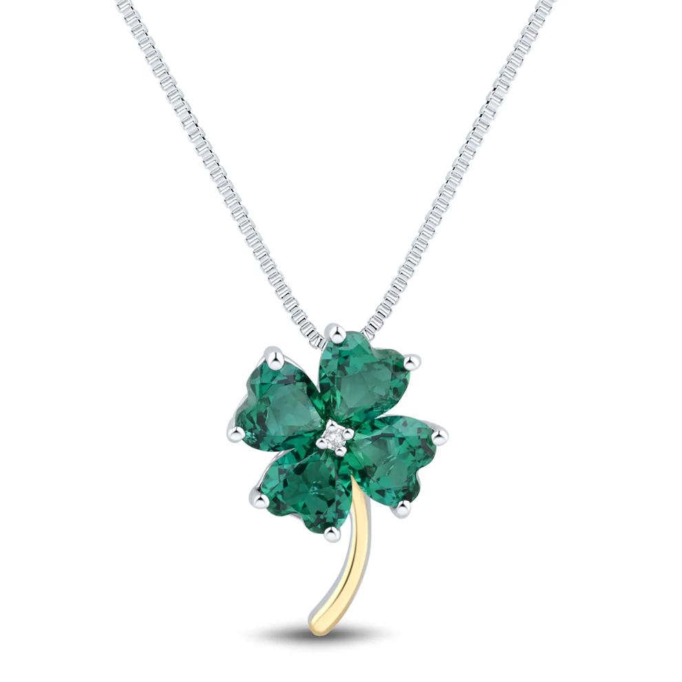 Lab-Created Emerald and Diamond Accent Clover Pendant in 10K Yellow Gold and Sterling Silver – Image 1 of 3