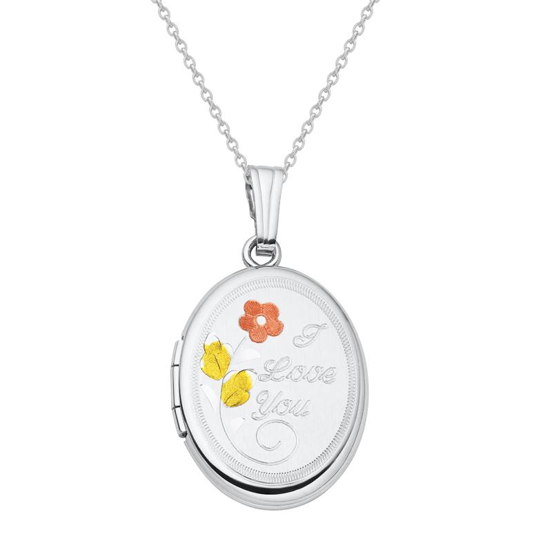 Floral I Love You Oval Locket with White, Yellow and Rose-Tone Sterling Silver – Image 1 of 3