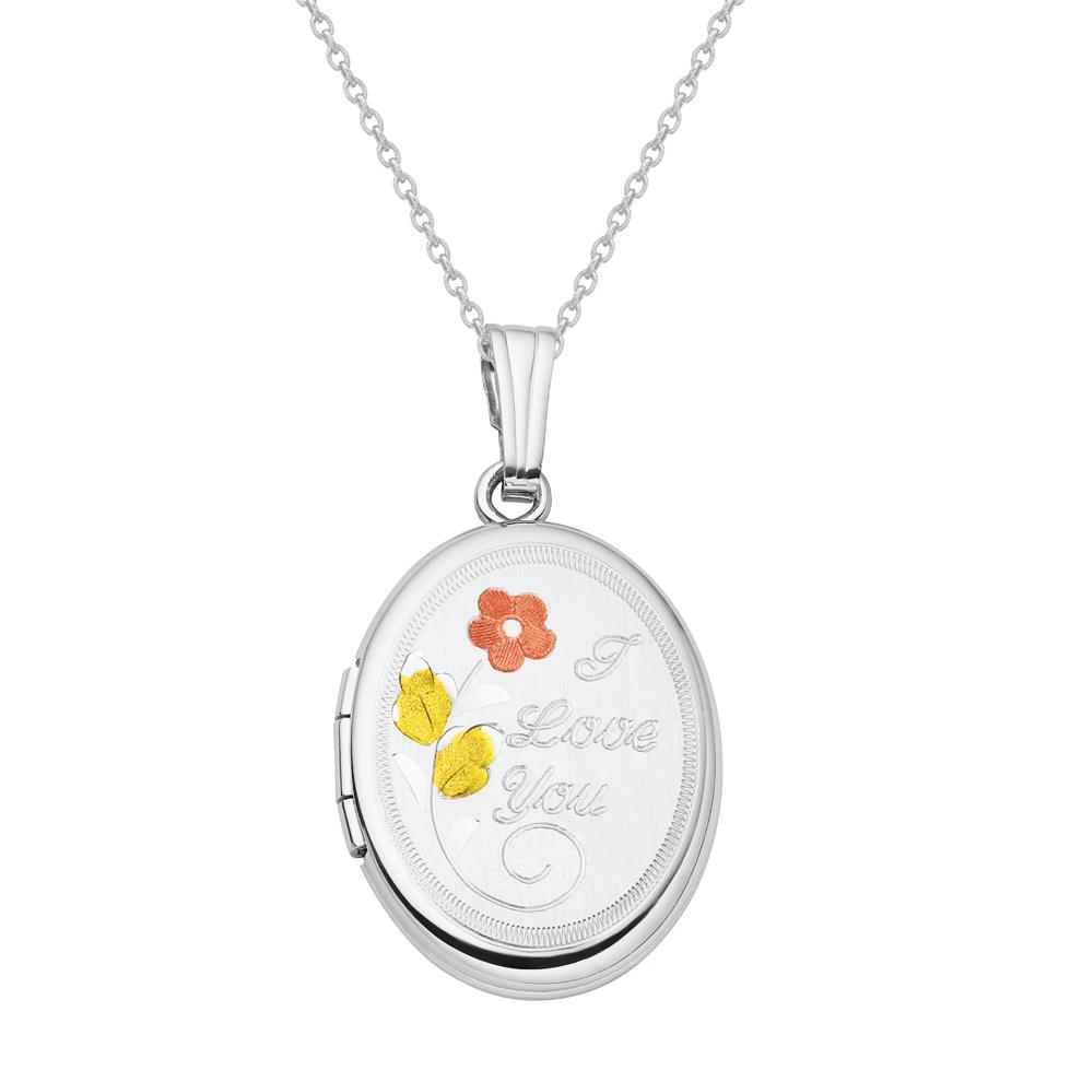 Floral I Love You Oval Locket with White, Yellow and Rose-Tone Sterling Silver – Image 1 of 3
