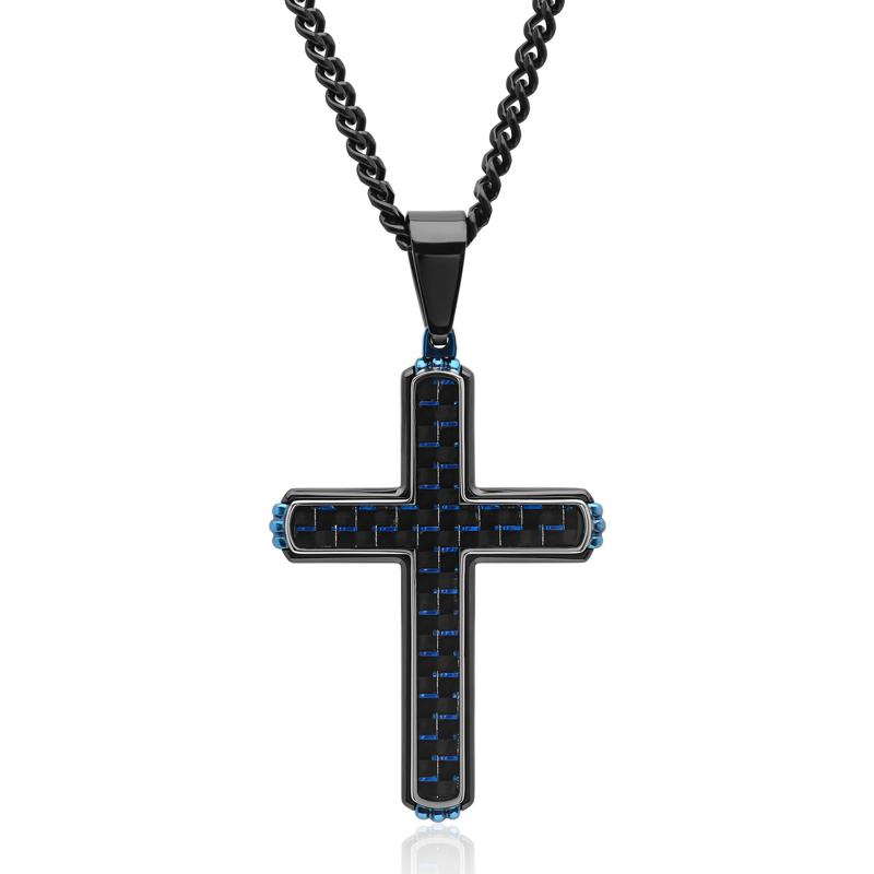 Cross Pendant in Black and Blue Ion-Plated Stainless Steel – Image 1 of 2