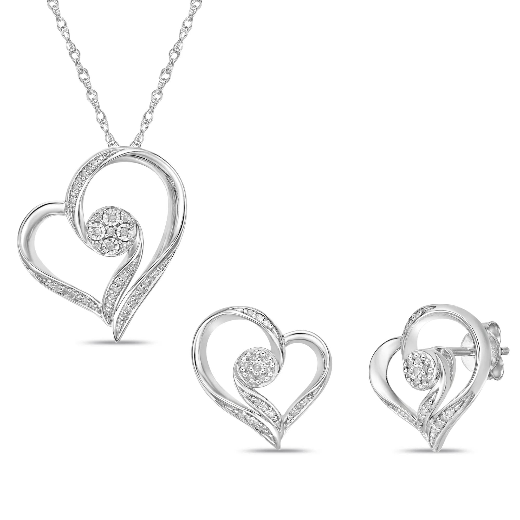 Heart-Shaped Diamond Pendant and Earring Set in Sterling 
