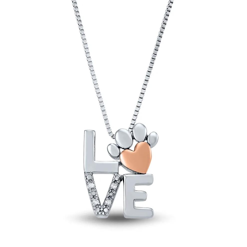 &ldquo;LOVE&rdquo; Diamond Paw Print Pendant in Sterling Silver – Image 1 of 3