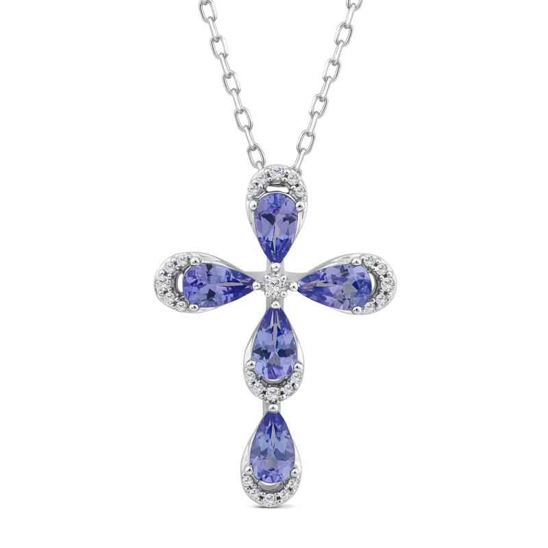 Tanzanite and Diamond Cross Pendant in 10K White Gold &#40;1/10 ct. tw.&#41; – Image 1 of 3