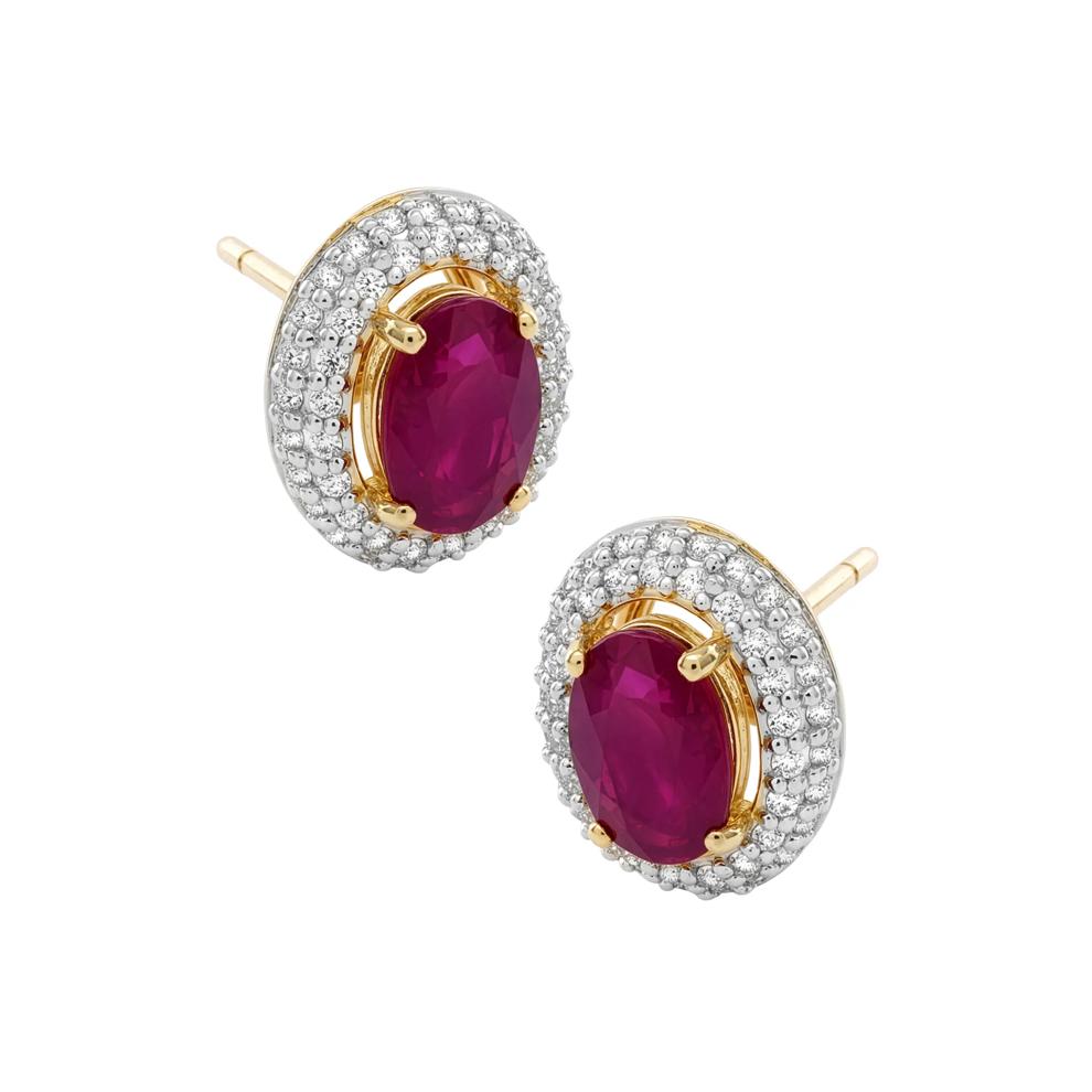 Ruby &amp; Diamond Double Halo Stud Earrings in 10K Yellow Gold (1/3 ct. tw.) – Image 1 of 2