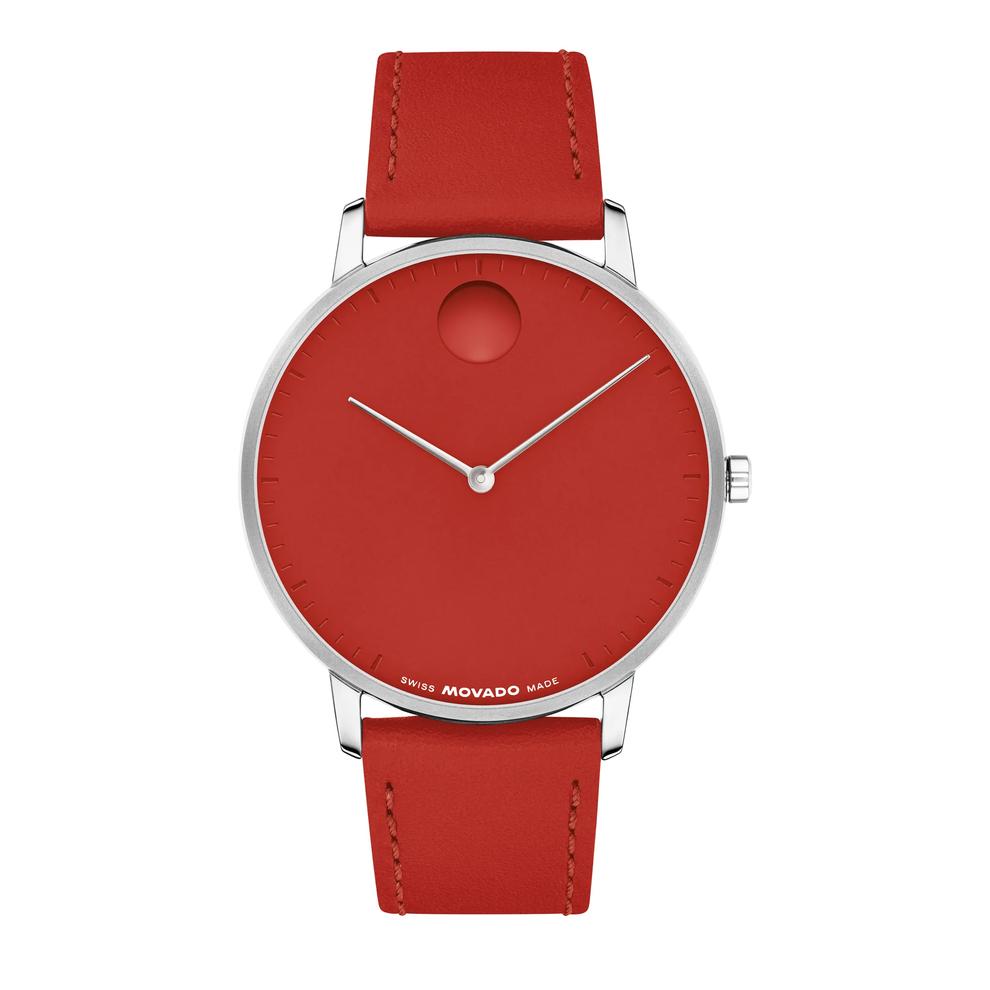 Face Watch With Red Leather Strap in Stainless Steel, 41mm – Image 1 of 3