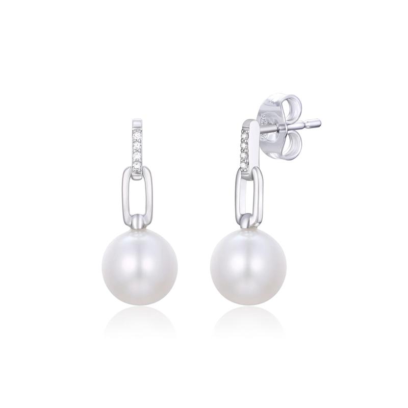 Freshwater Cultured Pearl and Diamond Accent Drop Earrings in Sterling Silver – Image 1 of 1