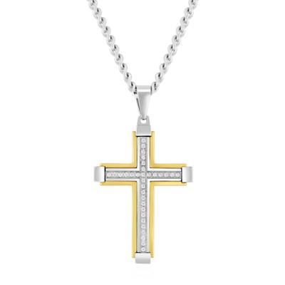 Men's Diamond Cross Pendant in White & Yellow Stainless Steel (1/7 ct. tw.)