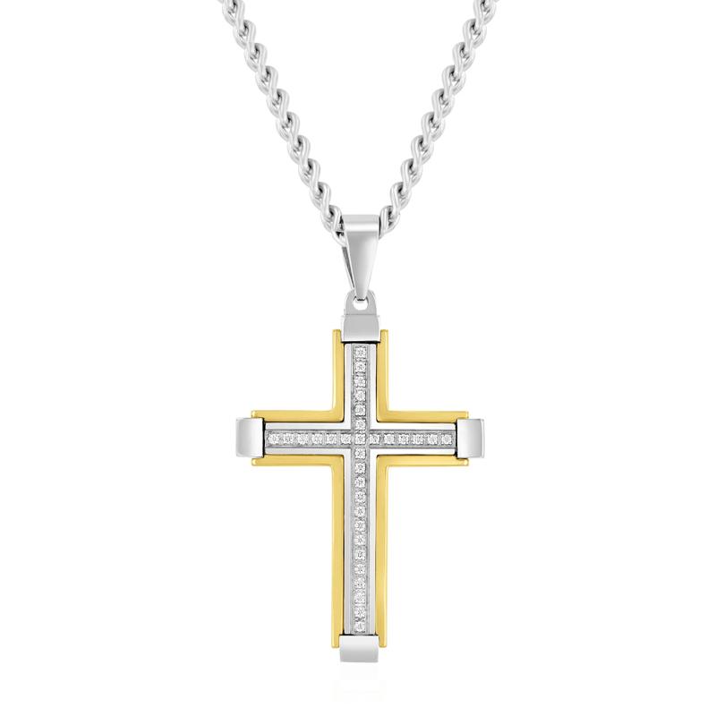 Men&#39;s Diamond Cross Pendant in White &amp; Yellow Stainless Steel &#40;1/7 ct. tw.&#41; – Image 1 of 3