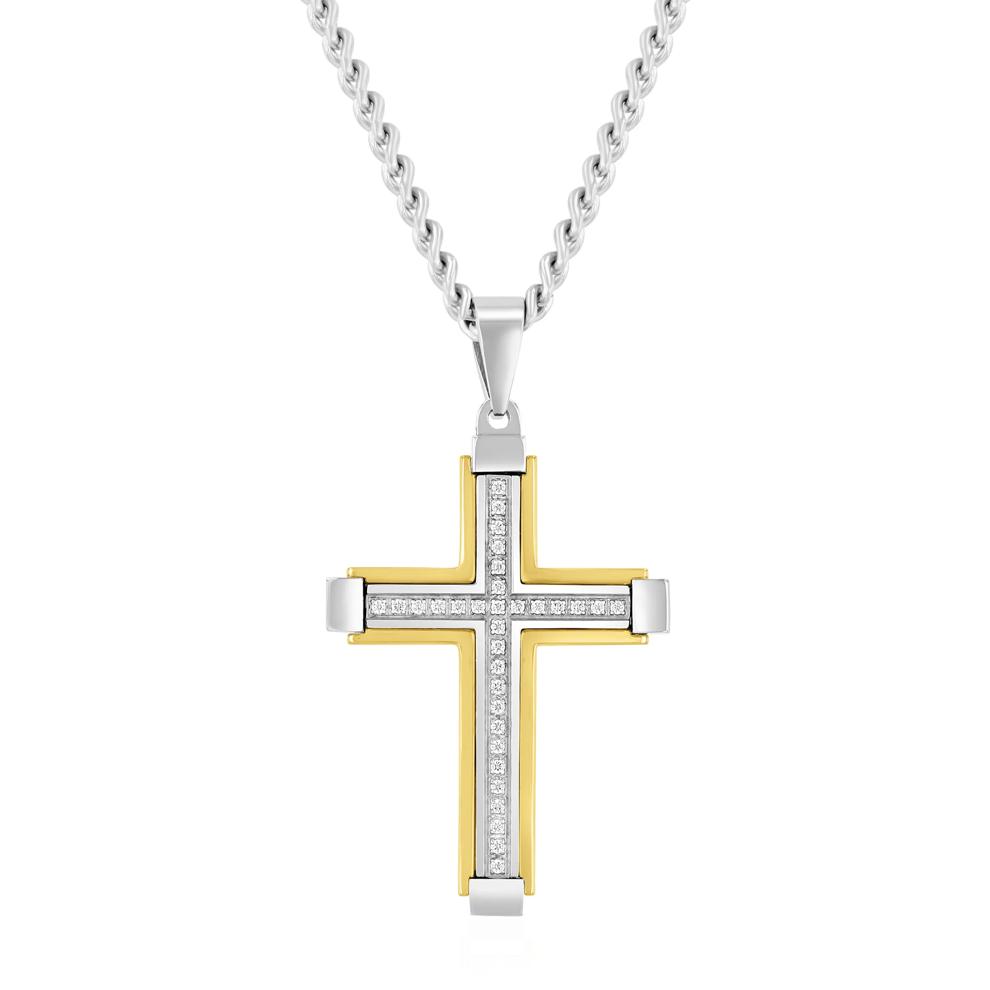 Men's Diamond Cross Pendant in White &amp; Yellow Stainless Steel (1/7 ct. tw.) – Image 1 of 3