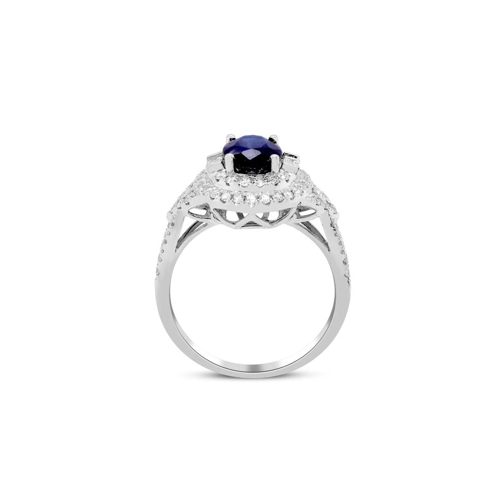 Blue Sapphire and Diamond Double Halo Ring in 14K White Gold (1/2 ct. tw.) – Image 3 of 4