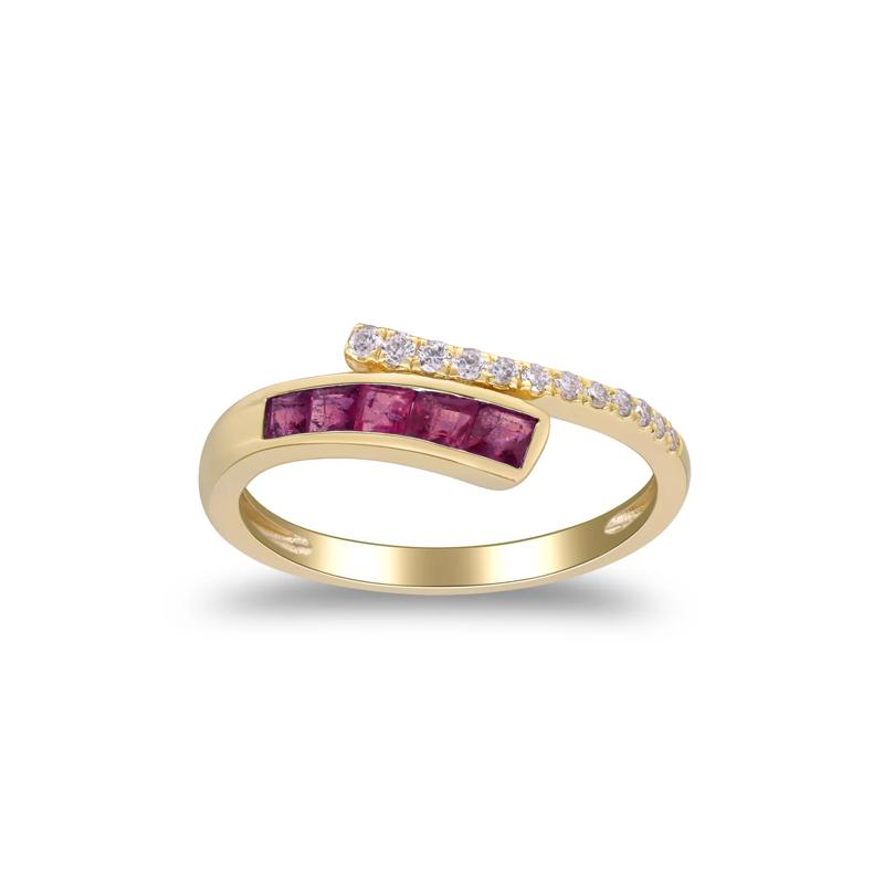 Ruby and Diamond Bypass Ring in 10K Yellow Gold &#40;1/10 ct. tw.&#41; – Image 1 of 5