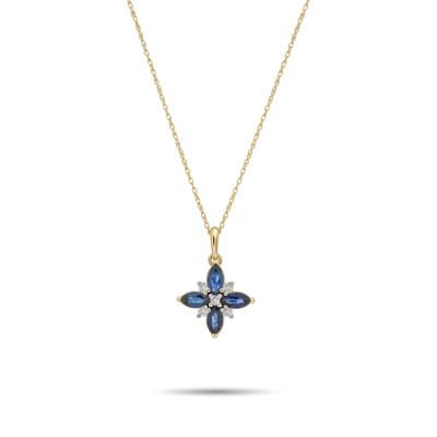 Blue Sapphire & Diamond Floral Pendant Necklace in 10K Yellow Gold (1/10 ct. tw.)