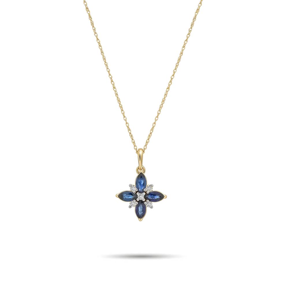 Blue Sapphire &amp; Diamond Floral Pendant Necklace in 10K Yellow Gold (1/10 ct. tw.) – Image 1 of 4