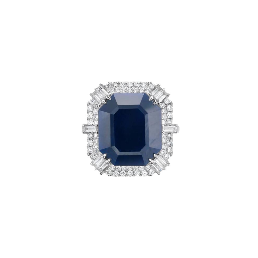 Emerald-Cut Blue Sapphire and Diamond Halo Ring in 14K White Gold (1 ct. tw.) – Image 1 of 5