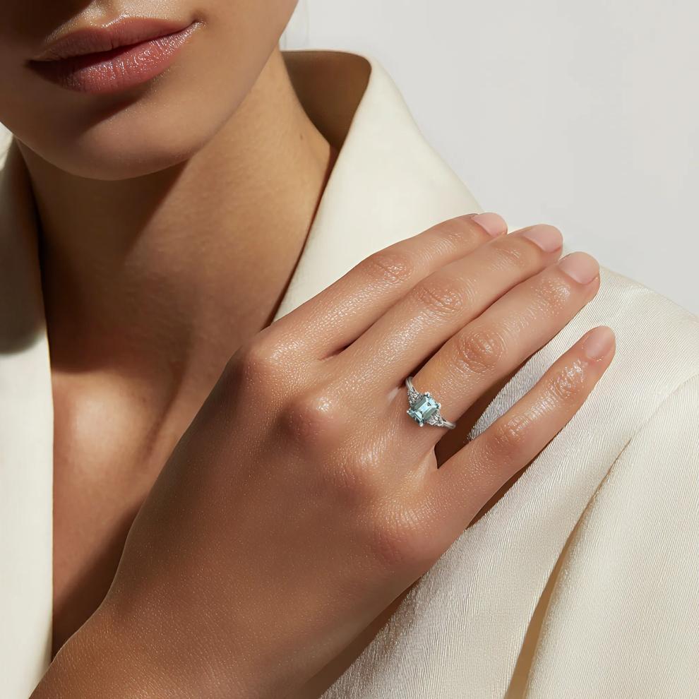 Aquamarine &amp; Lab Created White Sapphire Ring in 10K White Gold – Image 2 of 2