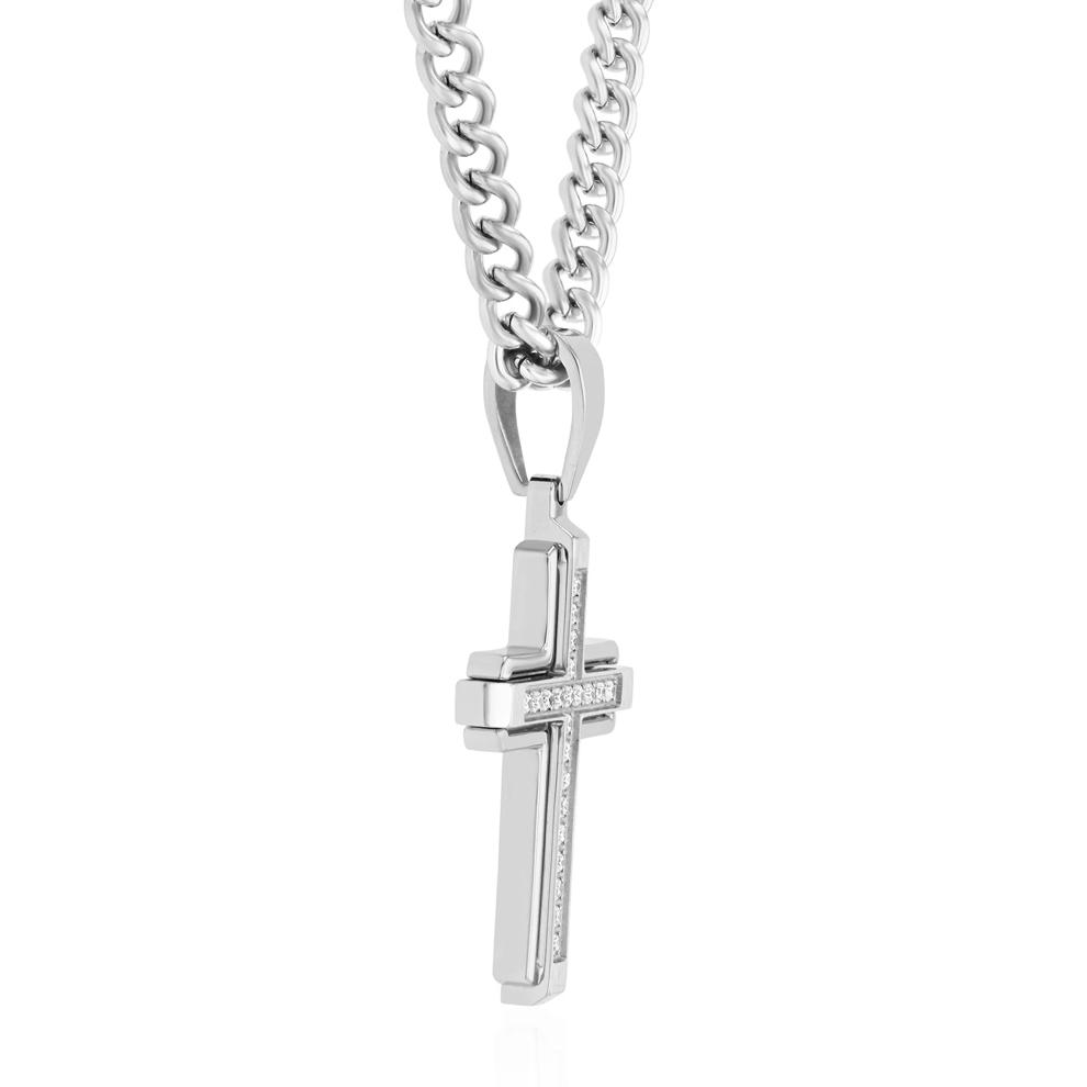 Men's Diamond Cross Pendant on Curb Chain in Stainless Steel (1/7 ct. tw.) – Image 2 of 3