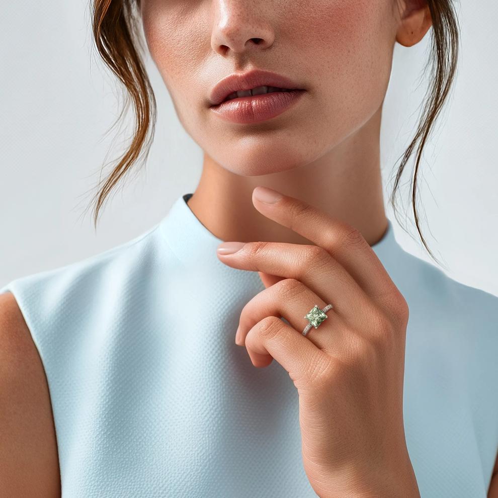 Radiant-Cut Green Amethyst and Diamond Ring in 14K White Gold (1/3 ct. tw.) – Image 4 of 4
