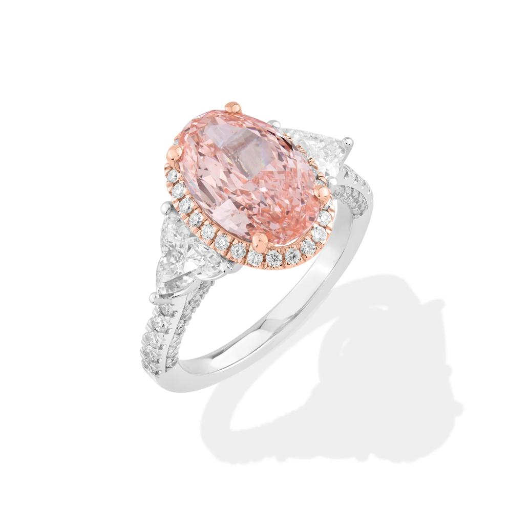 Lab Grown Diamond Pink Fancy Oval Halo Engagement Ring in 14K White &amp; Rose Gold (5 1/2 ct. tw.) – Image 4 of 4