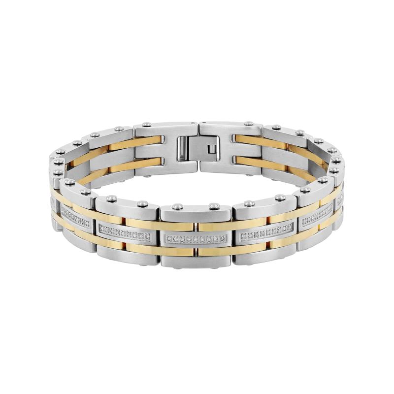 Diamond Square Link Bracelet in Stainless Steel and Yellow Ion-Plated Stainless Steel &#40;1/2 ct. tw.&#41;, 8.5&quot; – Image 1 of 3