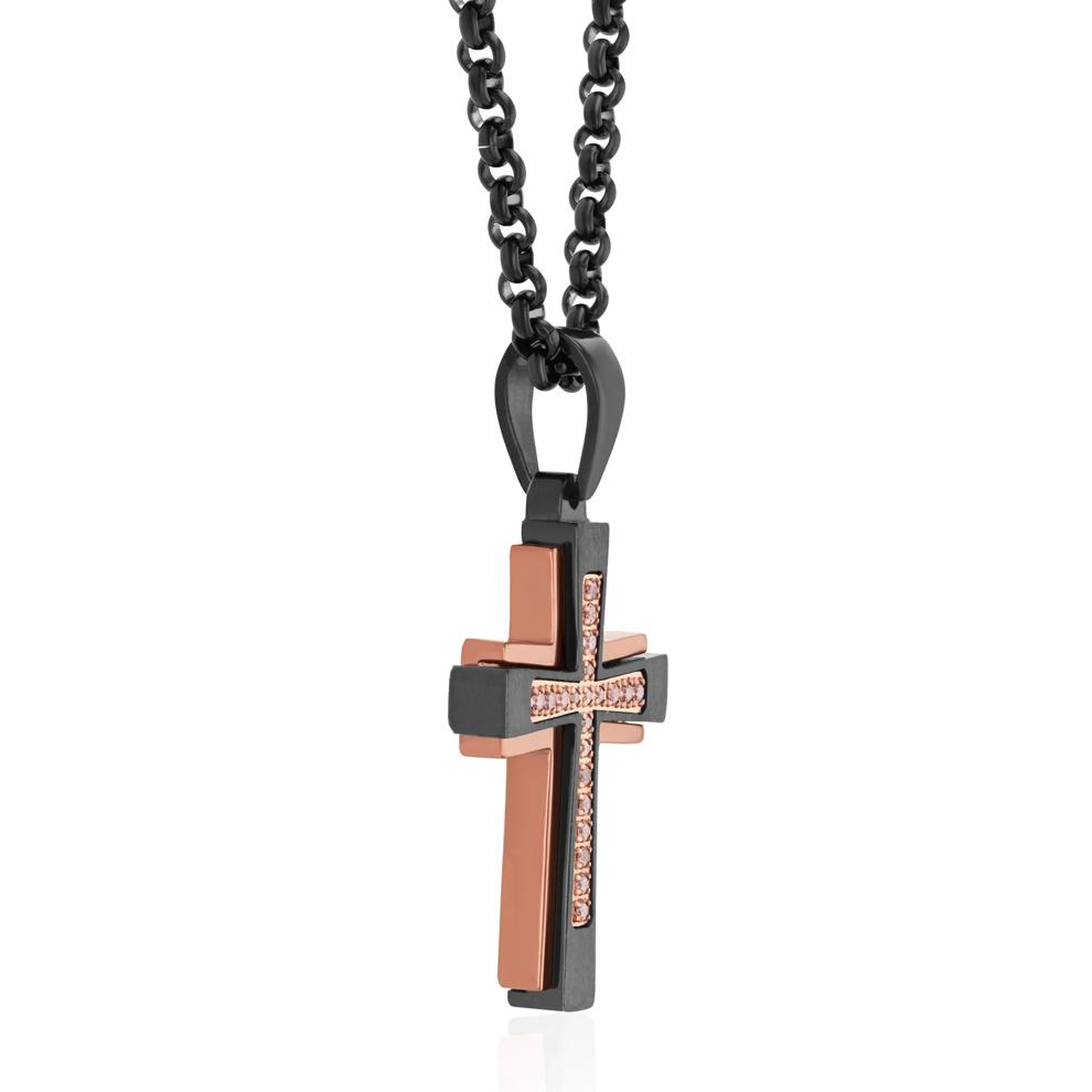 Men's Smokey Quartz Cross Pendant Necklace in Two-Tone Ion-Plated Stainless Steel – Image 2 of 3