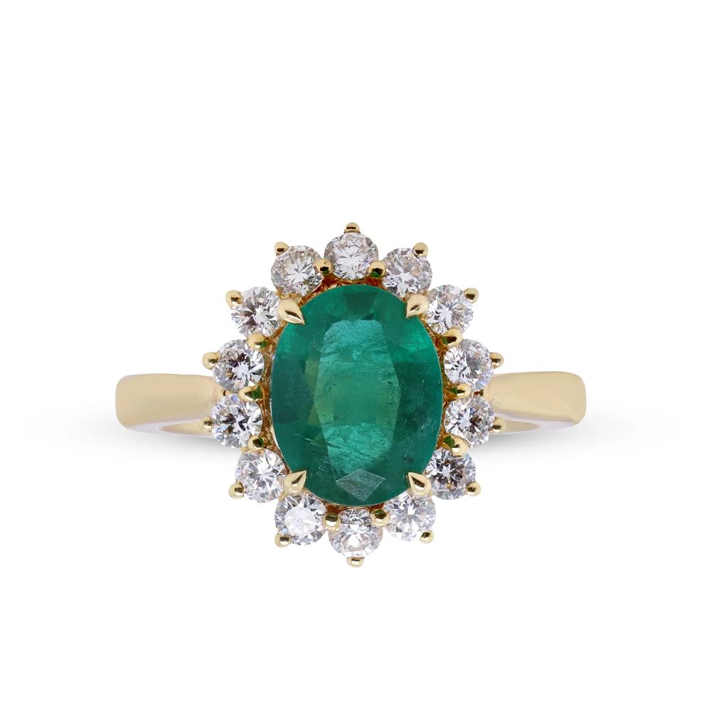 Emerald &amp; Diamond Burst Halo Ring in 18K Yellow Gold (7/8 ct. tw.) – Image 1 of 4