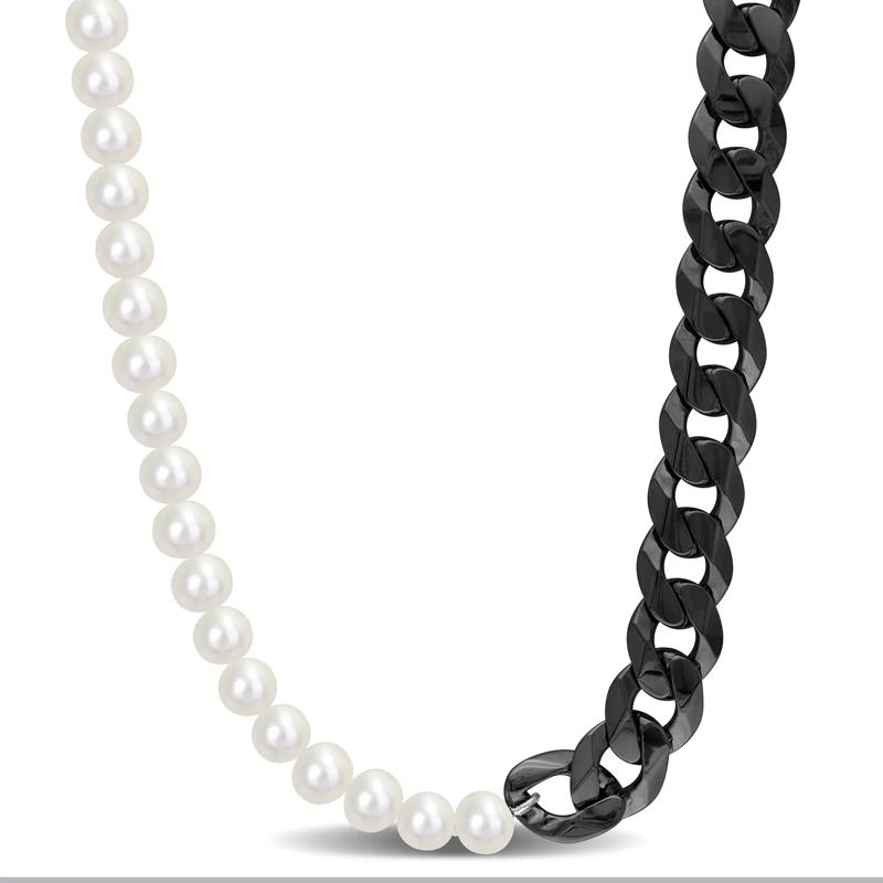 Bleached Freshwater Cultured Pearl Curb Link Necklace in Black Rhodium Sterling Silver – Image 1 of 4
