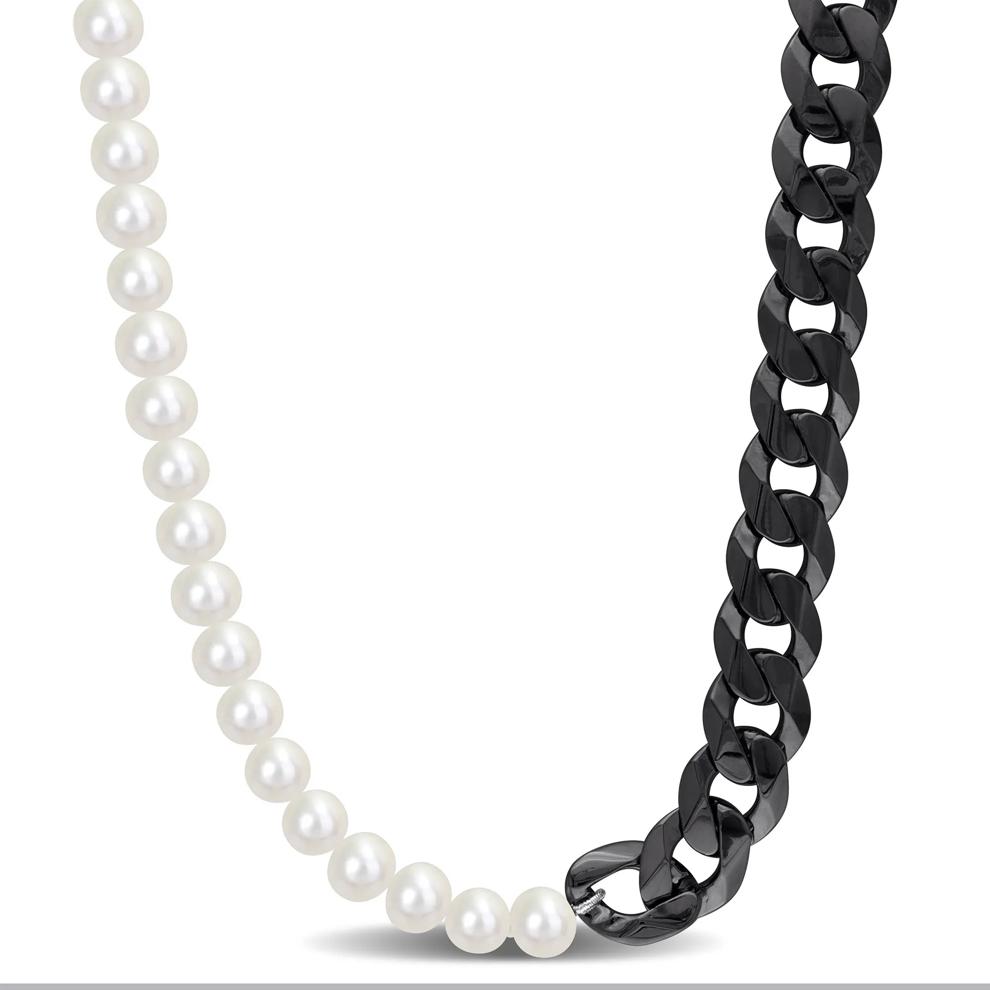 Bleached Freshwater Cultured Pearl Curb Link Necklace in Black Rhodium Sterling Silver – Image 1 of 4