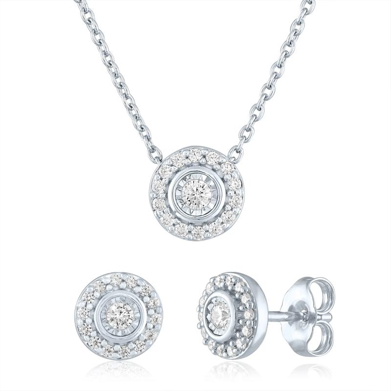 Lab Grown Diamond Halo Illusion Stud Earrings &amp; Pendant Set in Sterling Silver &#40;1/3 ct. tw.&#41; – Image 1 of 5