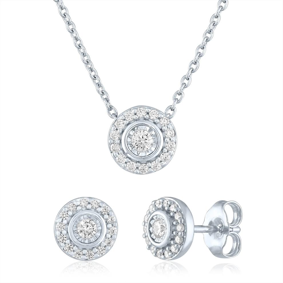Lab Grown Diamond Halo Illusion Stud Earrings &amp; Pendant Set in Sterling Silver (1/3 ct. tw.) – Image 1 of 5
