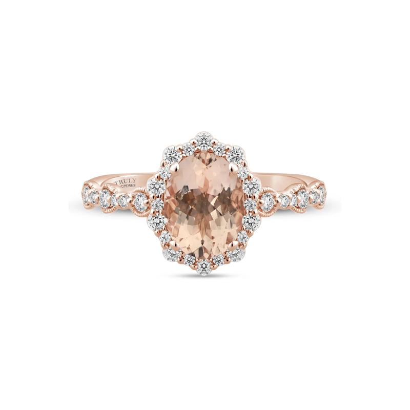 Oval Morganite &amp; Diamond Halo Ring in 14K Rose Gold &#40;3/8 ct. tw.&#41; – Image 1 of 3