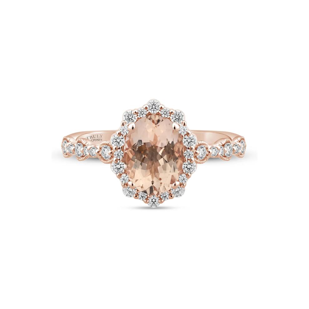 Oval Morganite &amp; Diamond Halo Ring in 14K Rose Gold (3/8 ct. tw.) – Image 1 of 3