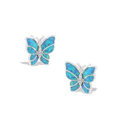 Lab-Created Blue Opal & Lab-Created White Sapphire Butterfly Stud Earrings in Sterling Silver