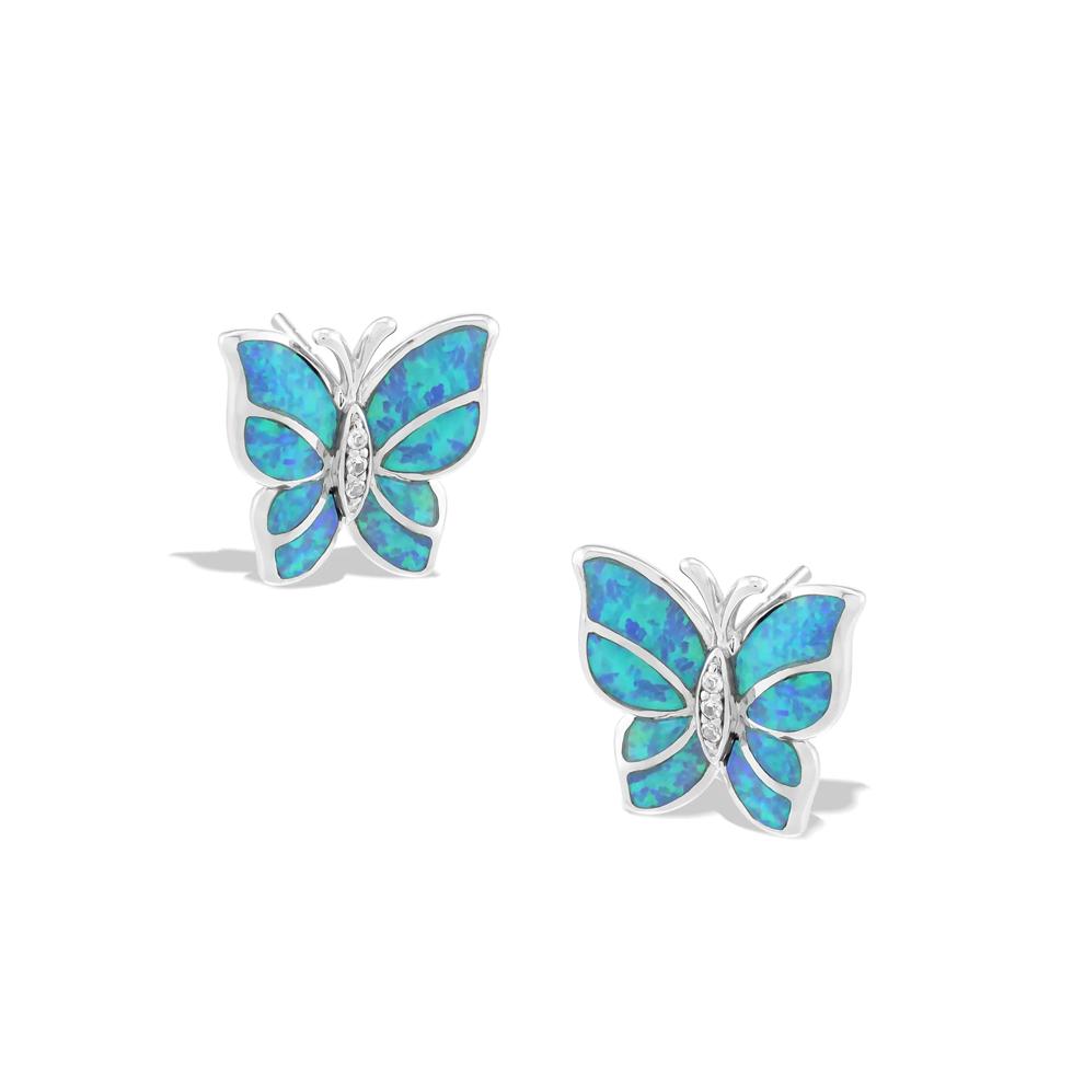 Lab-Created Blue Opal &amp; Lab-Created White Sapphire Butterfly Stud Earrings in Sterling Silver – Image 1 of 2