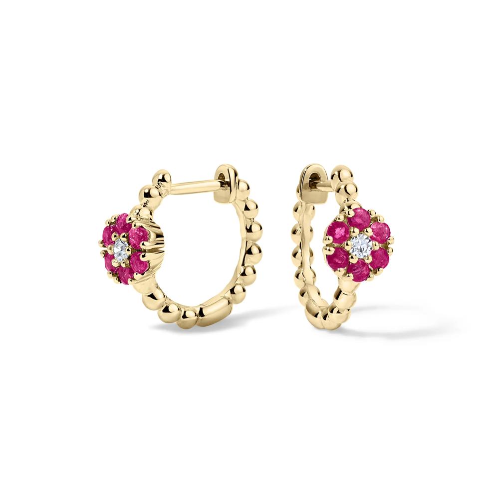 Ruby &amp; Diamond Accent Flower Hoop Earrings in 10K Yellow Gold – Image 1 of 2