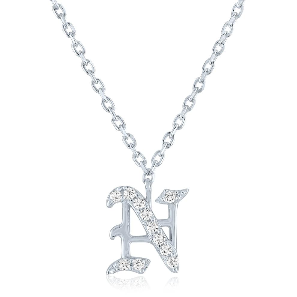 Diamond Accent Gothic Script N Initial Pendant in Sterling Silver – Image 1 of 3