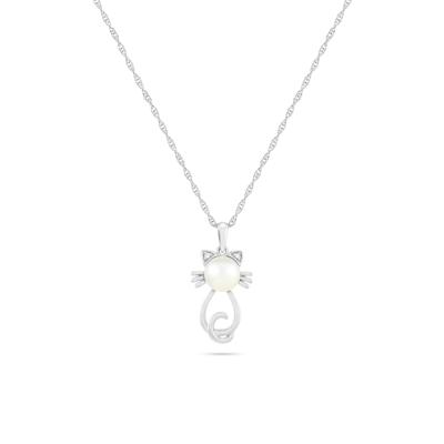 Freshwater Cultured Pearl & Lab-Created White Sapphire Cat Pendant Necklace in Sterling Silver