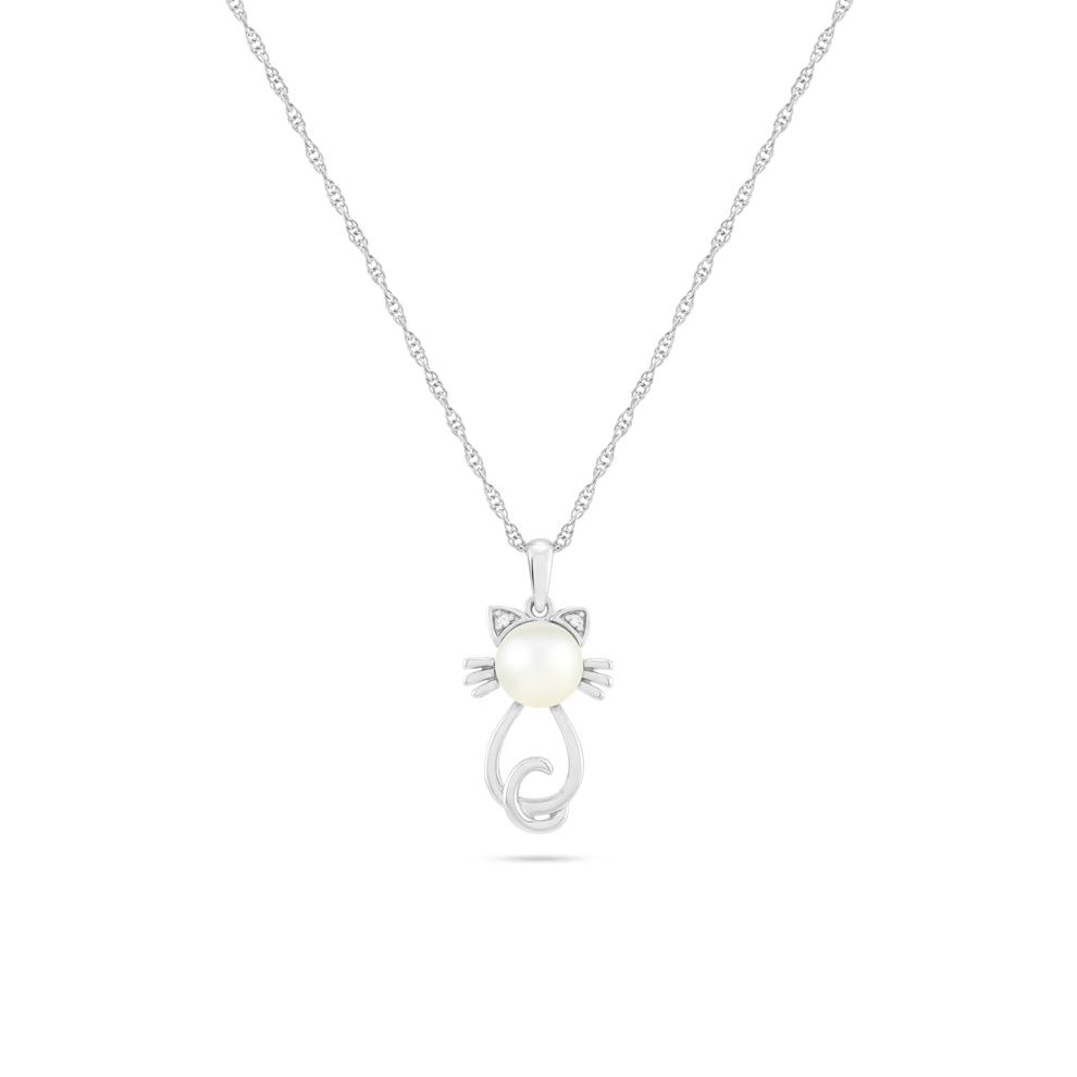 Freshwater Cultured Pearl &amp; Lab-Created White Sapphire Cat Pendant Necklace in Sterling Silver – Image 1 of 4