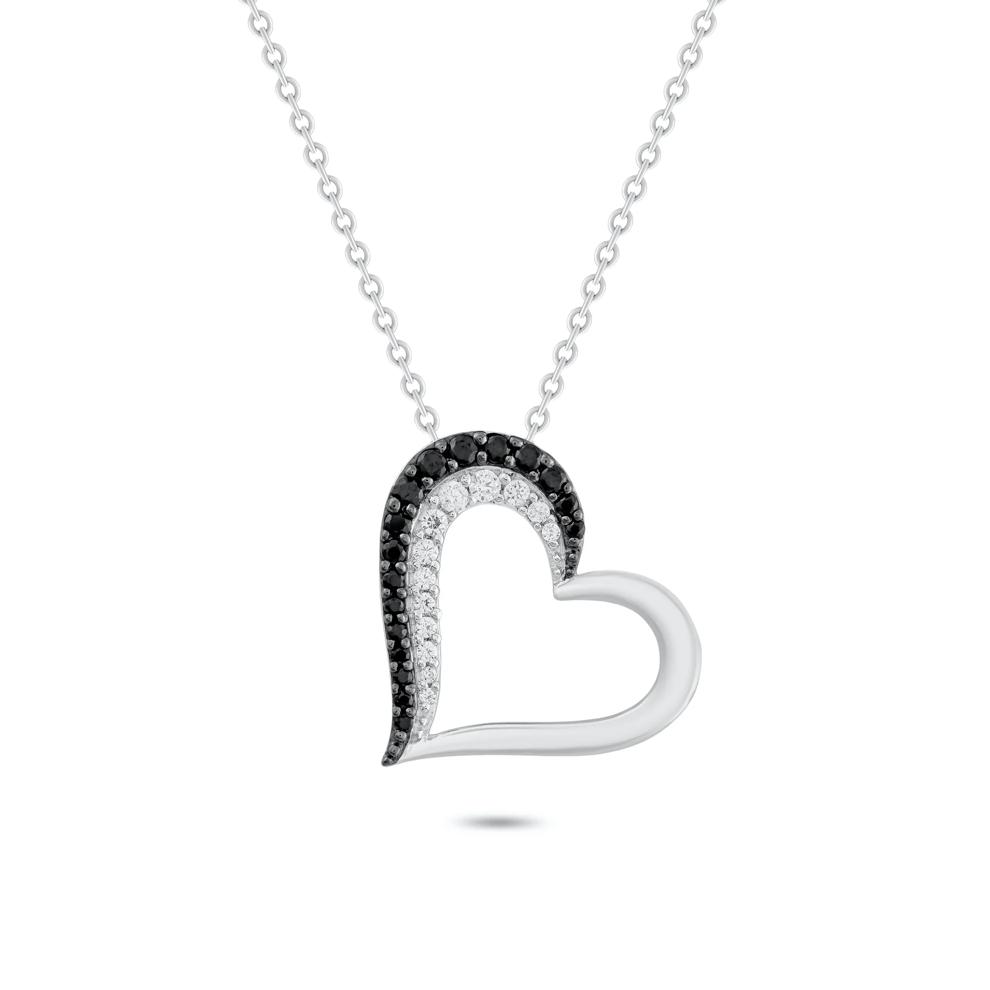 Black &amp; White Diamond Slanted Heart Pendant in Sterling Silver (1/4 ct. tw.) – Image 1 of 4