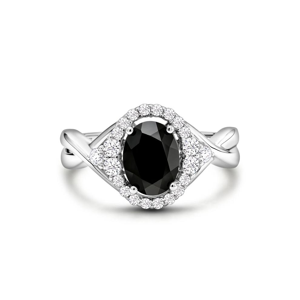 Oval Onyx &amp; Lab-Created White Sapphire Halo Ring in Sterling Silver – Image 1 of 4
