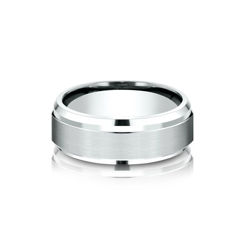 Men&rsquo;s Bevel Edge Satin Wedding Band in 14K White Gold, 8MM – Image 1 of 3