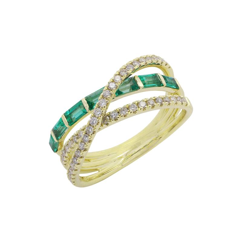 Baguette Emerald &amp; Round Diamond Layer Wrap Ring in 10K Yellow Gold  – Image 3 of 3