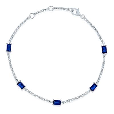 Lab-Created Blue Sapphire Mini Cuban Link Station Bracelet in Sterling Silver, 7.5"