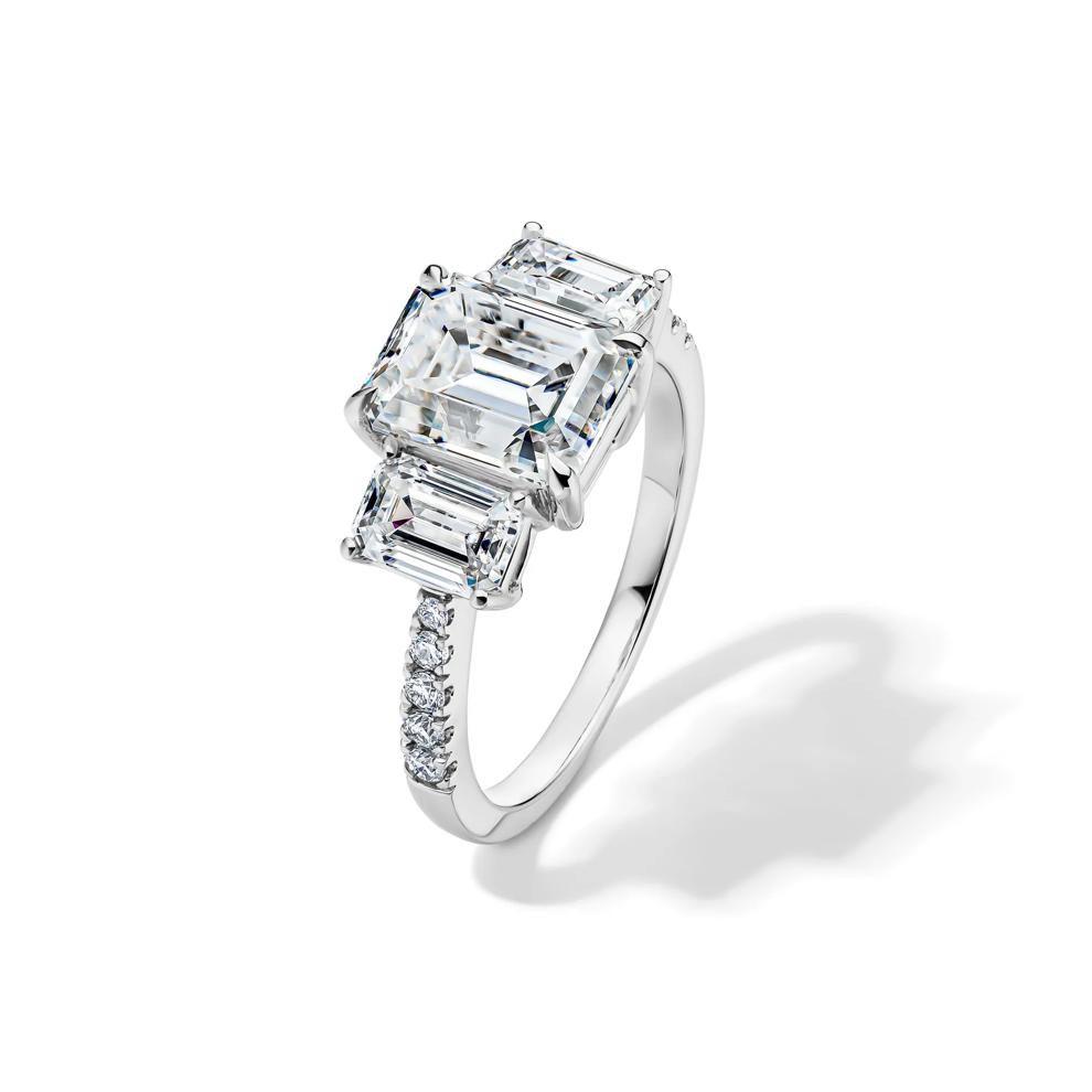 Lab-Created Moissanite Emerald-Cut Three-Stone Ring in 10K White Gold (3 1/4 ct. dew) – Image 4 of 4