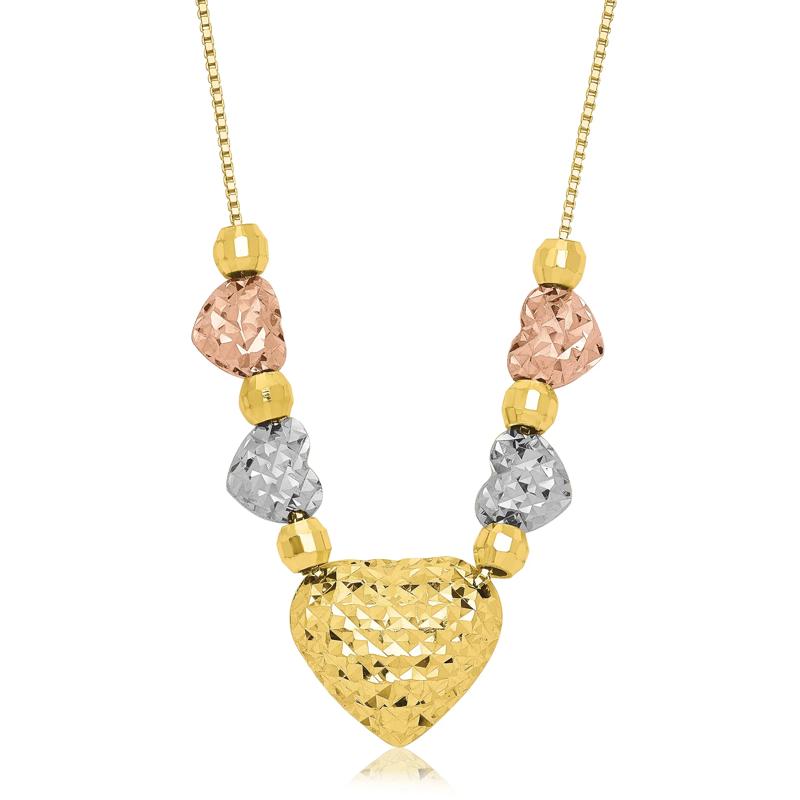 Diamond-Cut Multi-Heart Necklace in 10K White, Rose and Yellow Gold – Image 1 of 2